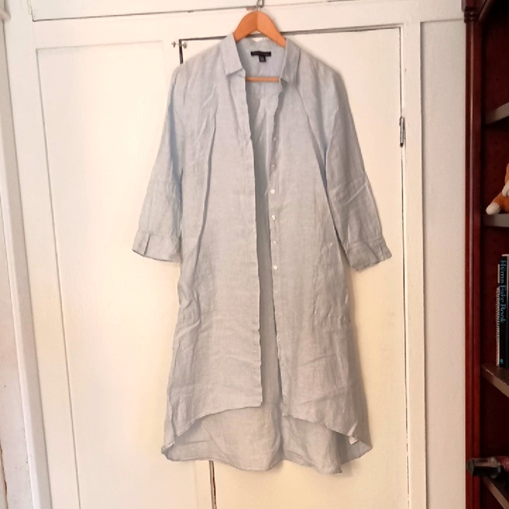 Saks Fifth Avenue Light Blue Duster Shirt Medium 100% Linen